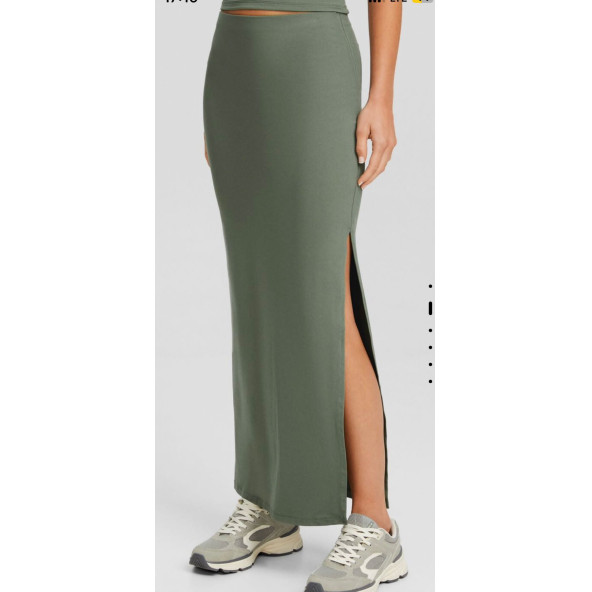 Bershka Yırtmaçlı Uzun Etek - Haki - 4