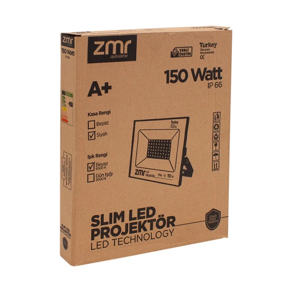 Zmr 150 Watt - 220 Volt 6500k Ip66 150* Işık Açısı Siyah Slim Kasa Beyaz Led Projektör - 3