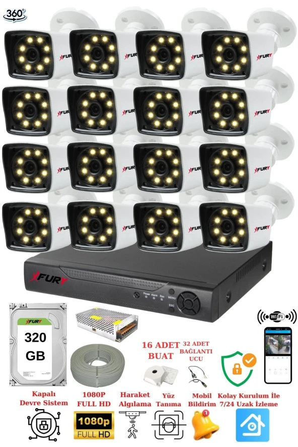 FURY 16 Kameralı 5mp Lens 1080p 2mp Color Görüntü 8 Warm Led Gece Görüş FullHd Güvenlik Kamera 5525W 320