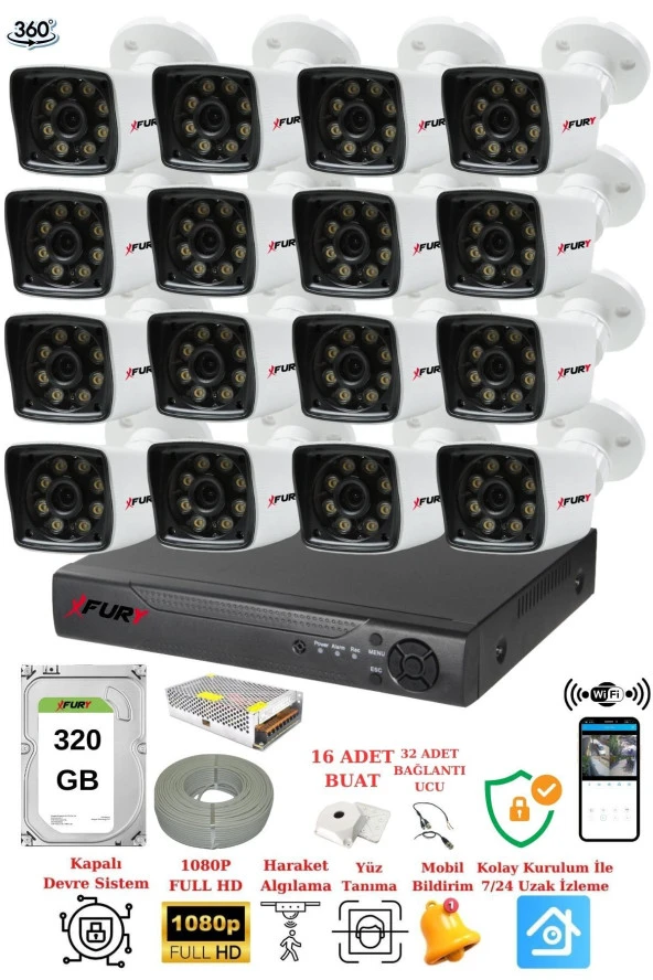 FURY 16 Kameralı 5mp Lens 1080p 2mp Color Görüntü 8 Warm Led Gece Görüş FullHd Güvenlik Kamera 5525W 320 - Resim 2