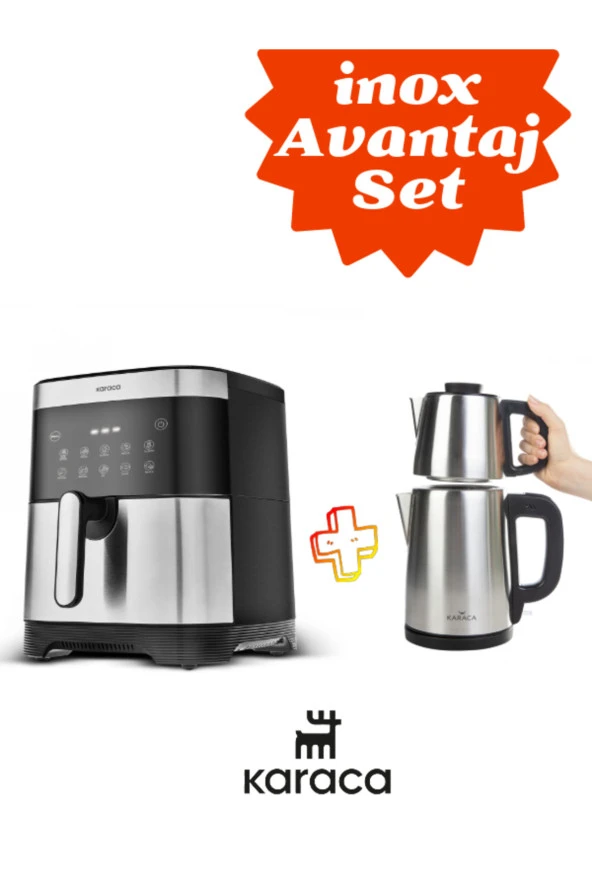 Karaca 10 Farklı pişirme fonksiyon İNOX Gövde XXXL 9LT Airfryer + Karaca İnox Çay makinesi