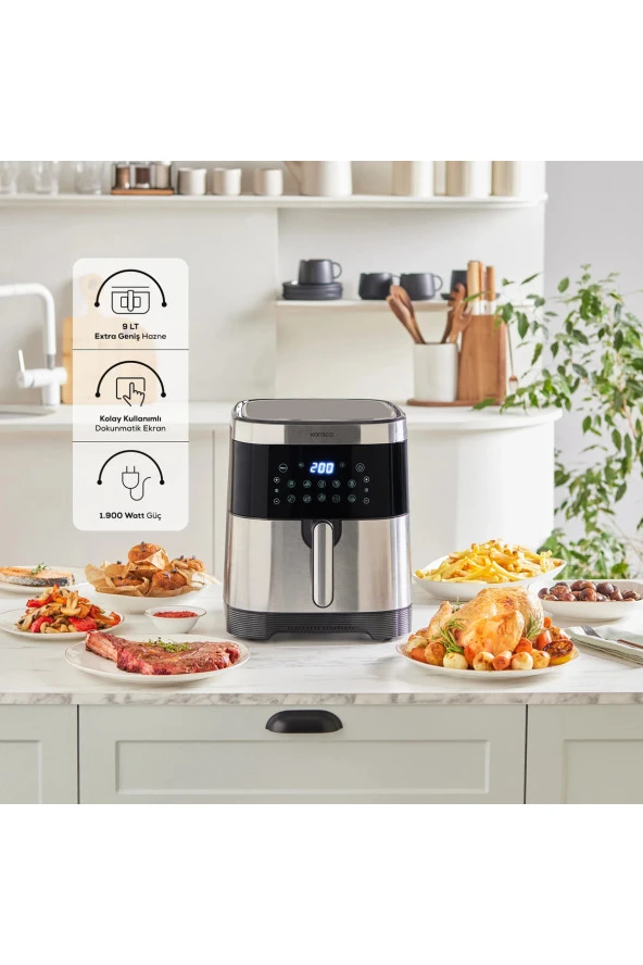 Karaca 10 Farklı pişirme fonksiyon İNOX Gövde XXXL 9LT Airfryer + Karaca İnox Çay makinesi - 2