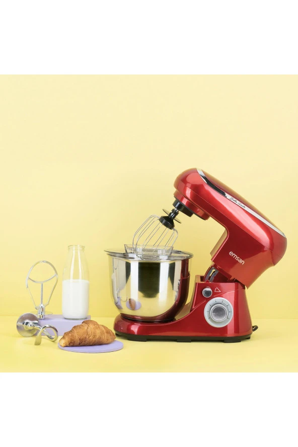 Emsan Bella 5 litre Paslanmaz Çelik Hazne 6 Hız kademeli 1300W Kırmızı Stand Mikser Mutfak Şefi