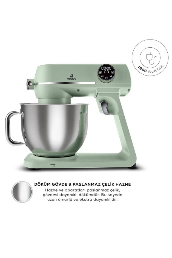Karaca Multichef Artisan Digital Ekran 7 Litre Döküm Stand Mikser Mint 1800w