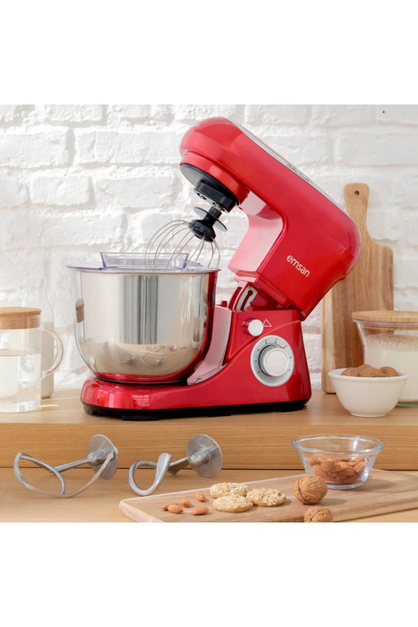 Emsan Bella 5 litre Paslanmaz Çelik Hazne 6 Hız kademeli 1300W Kırmızı Stand Mikser Mutfak Şefi - 2