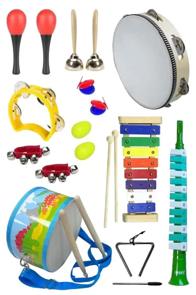 Midex Örf Aletleri Seti Median Paket-2 Maracas Zil Kastanyet Üçgen Ritim Ksilofon Davul Tef (11 Parça) ürün görseli