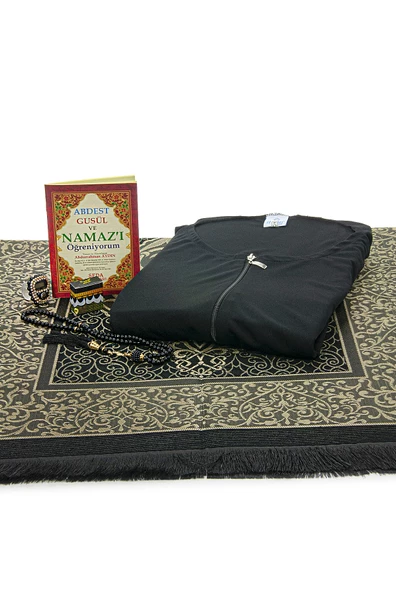 Siyah Kadın Pratik Başörtülü Fermuarlı Tek Parça Namaz Elbisesi Seccade Seti - 11