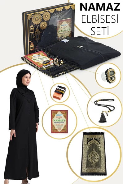 Siyah Kadın Pratik Başörtülü Fermuarlı Tek Parça Namaz Elbisesi Seccade Seti - 9