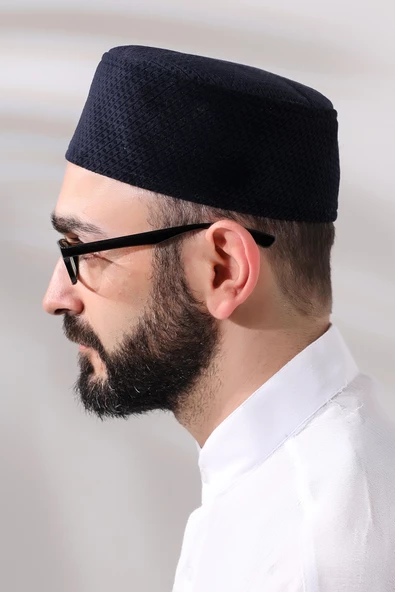 Lacivert Petek Kareli Kadife Kalıp Namaz Takkesi - 5