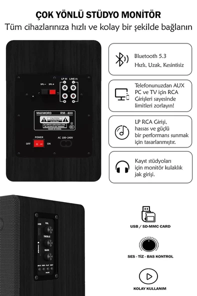 Maxword RM-400BK Aktif Stüdyo Referans Monitörü 4 İNÇ ÇİFT Bluetooth USB 140 Watt - 4