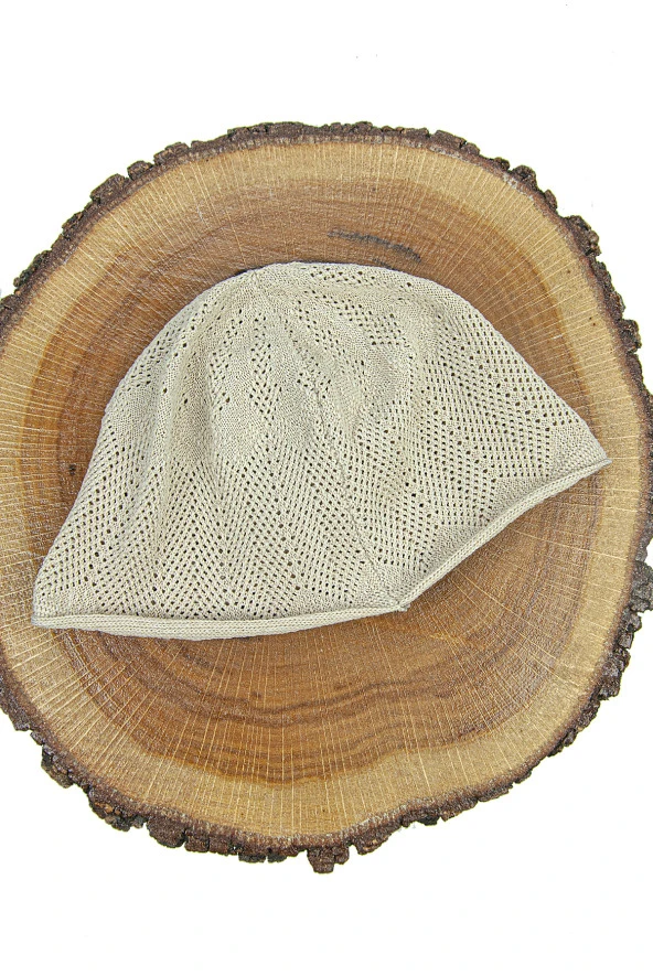 Safir İnce Örme Dantel Namaz Takkesi Krem 1 Adet - Resim 3