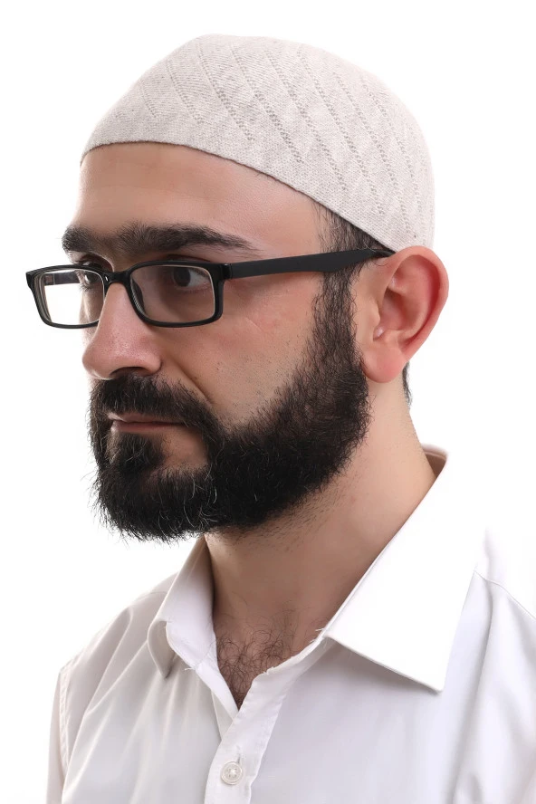 Krem Kışlık Çapraz Desenli Dokuma Takke