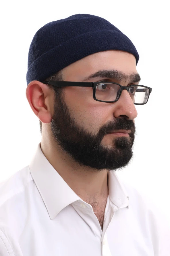 Lacivert Katlamalı Sade Desen Kışlık Orlon Takke Şapka - Resim 2