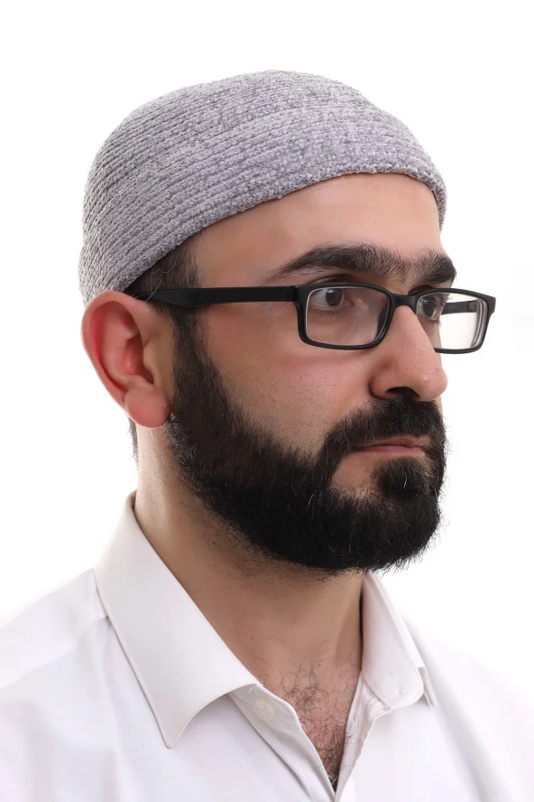 Gri Katlamalı Sade Desen Kışlık Kadife Takke Şapka - Resim 2