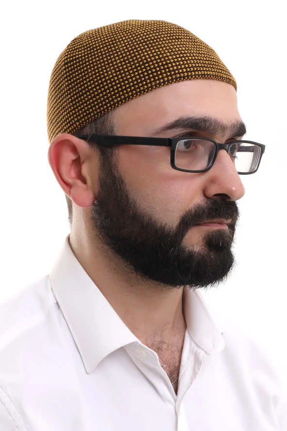 Hardal Kışlık Nokta Desenli Orlon Namaz Takkesi - Resim 2