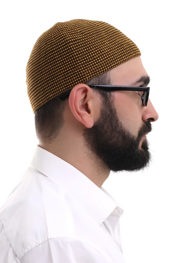 Hardal Kışlık Nokta Desenli Orlon Namaz Takkesi - Resim 4
