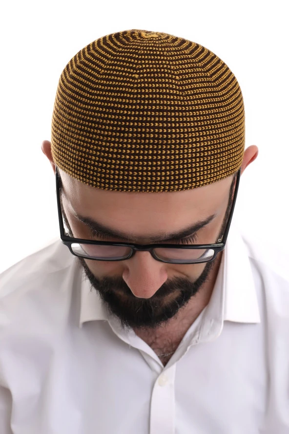 Hardal Kışlık Nokta Desenli Orlon Namaz Takkesi - Resim 5