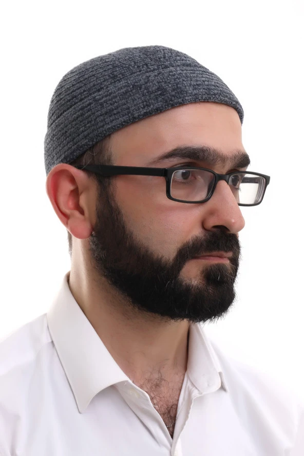 Füme Katlamalı Sade Desen Kışlık Kadife Takke Şapka - Resim 2