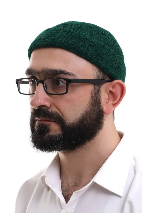 Yeşil Katlamalı Sade Desen Kışlık Kadife Takke Şapka