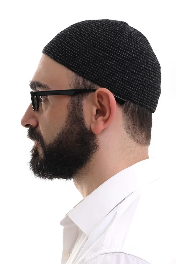 Füme Kışlık Nokta Desenli Orlon Namaz Takkesi - Resim 3