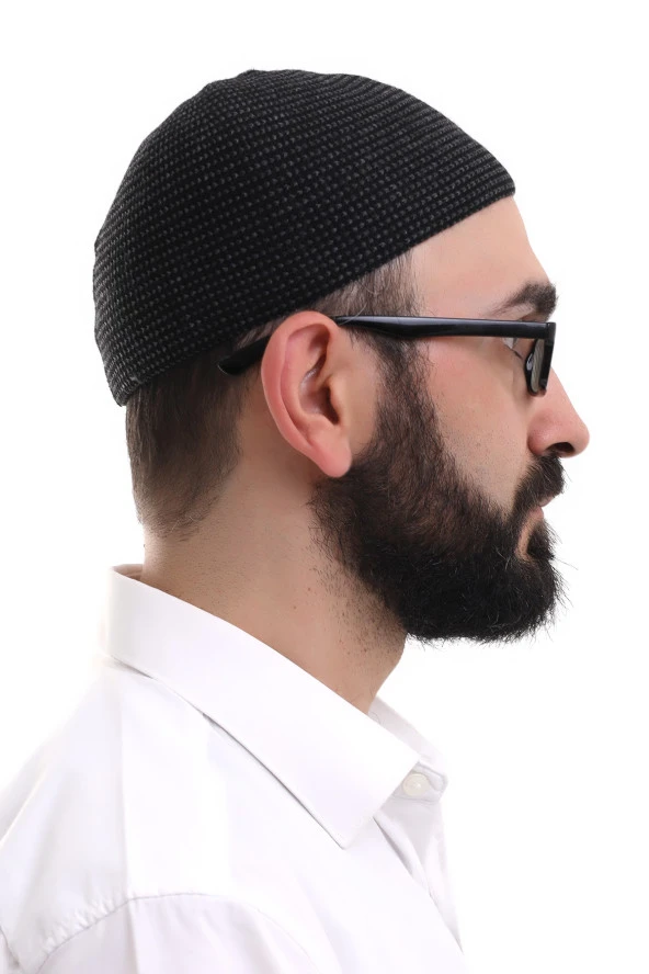 Füme Kışlık Nokta Desenli Orlon Namaz Takkesi - Resim 4