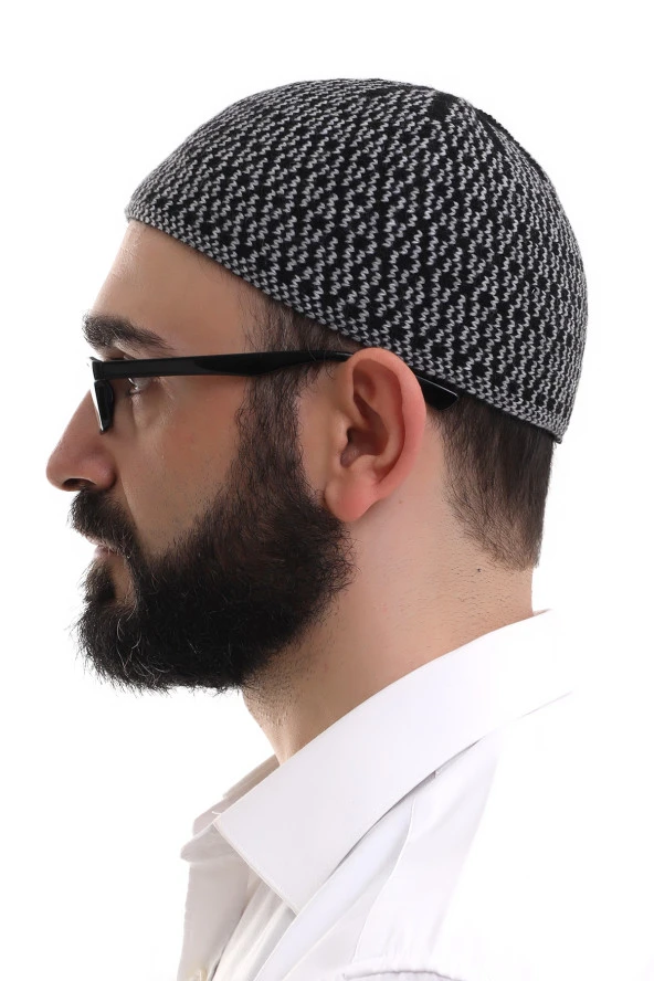 Gri Orlon Kışlık Namaz Takkesi Baklava Desenli Takke - Resim 3