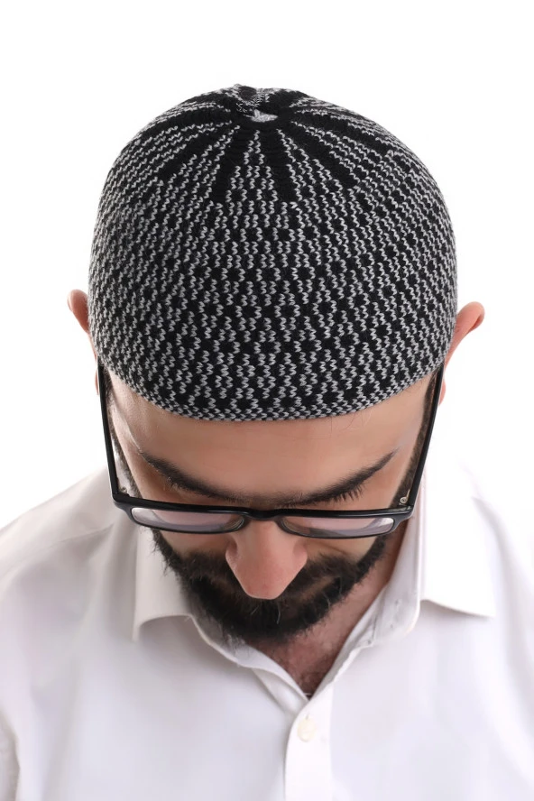 Gri Orlon Kışlık Namaz Takkesi Baklava Desenli Takke - Resim 5