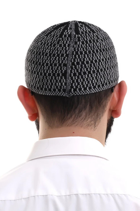 Gri Orlon Kışlık Namaz Takkesi Baklava Desenli Takke - Resim 6