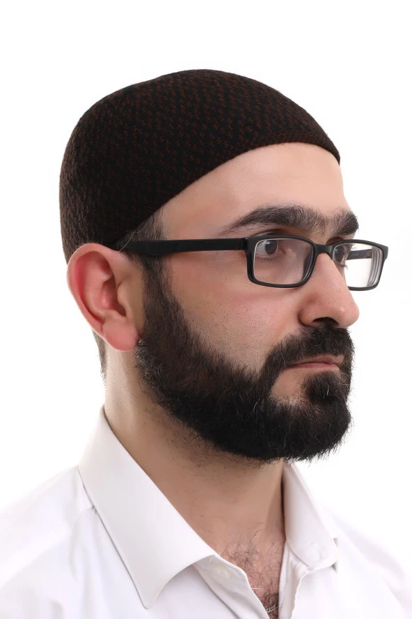 Koyu Kahverengi Kışlık Orlon Namaz Takkesi Baklava Desenli Takke - Resim 2