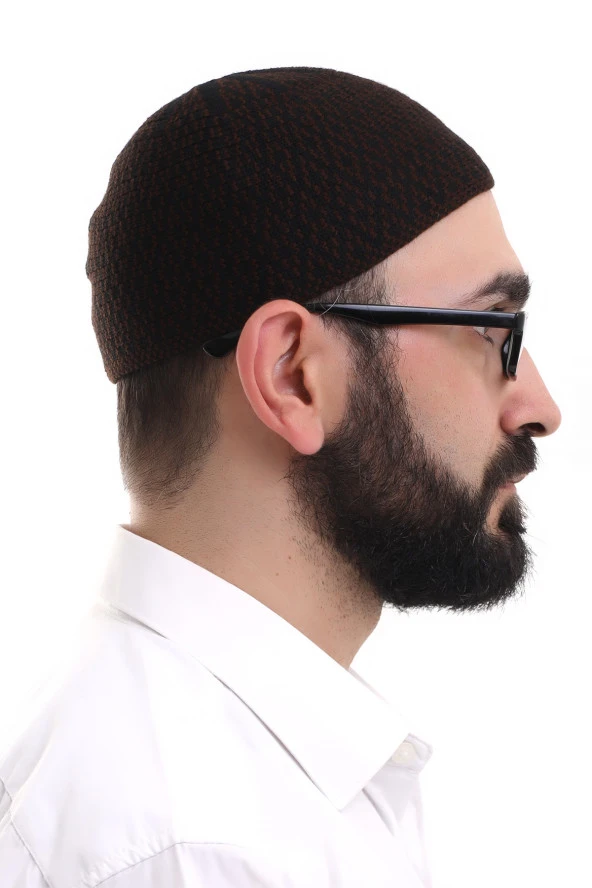 Koyu Kahverengi Kışlık Orlon Namaz Takkesi Baklava Desenli Takke - Resim 4
