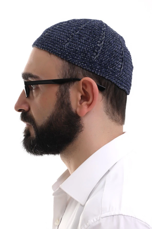 Lacivert Füme Kışlık Çift Renk Kadife Namaz Takkesi - Resim 4