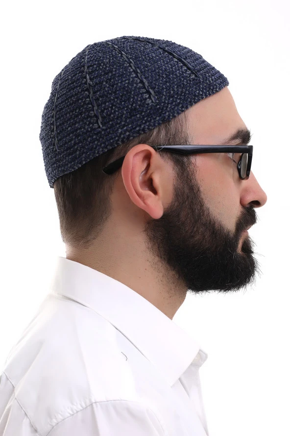 Lacivert Füme Kışlık Çift Renk Kadife Namaz Takkesi - Resim 5