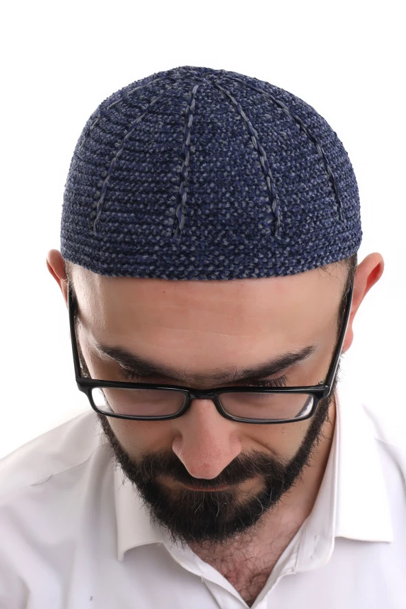 Lacivert Füme Kışlık Çift Renk Kadife Namaz Takkesi - Resim 6