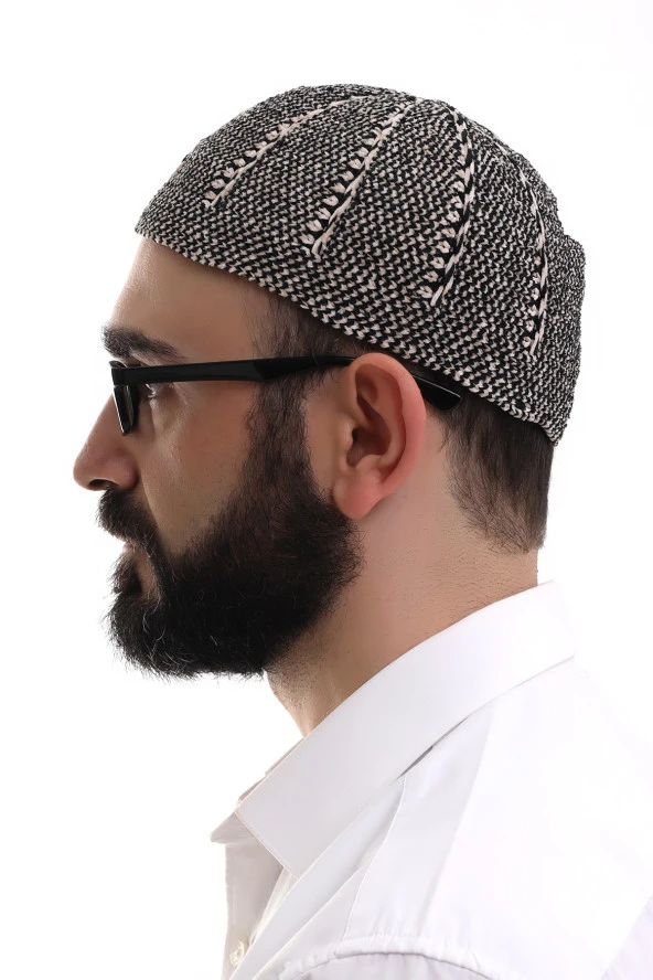 Siyah Taş Kışlık Çift Renk Kadife Namaz Takkesi - Resim 3