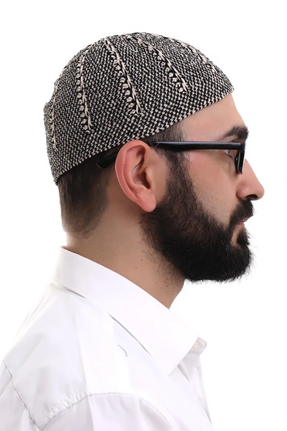 Siyah Taş Kışlık Çift Renk Kadife Namaz Takkesi - Resim 4