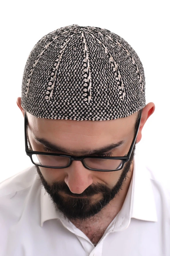 Siyah Taş Kışlık Çift Renk Kadife Namaz Takkesi - Resim 5