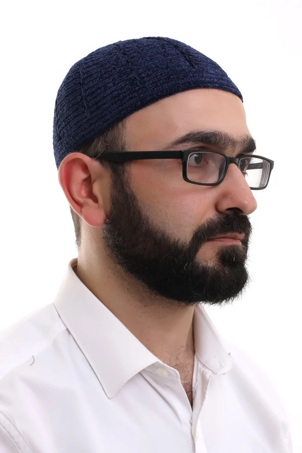 Lacivert Kışlık Sade Desenli Kadife Namaz Takkesi - Resim 2