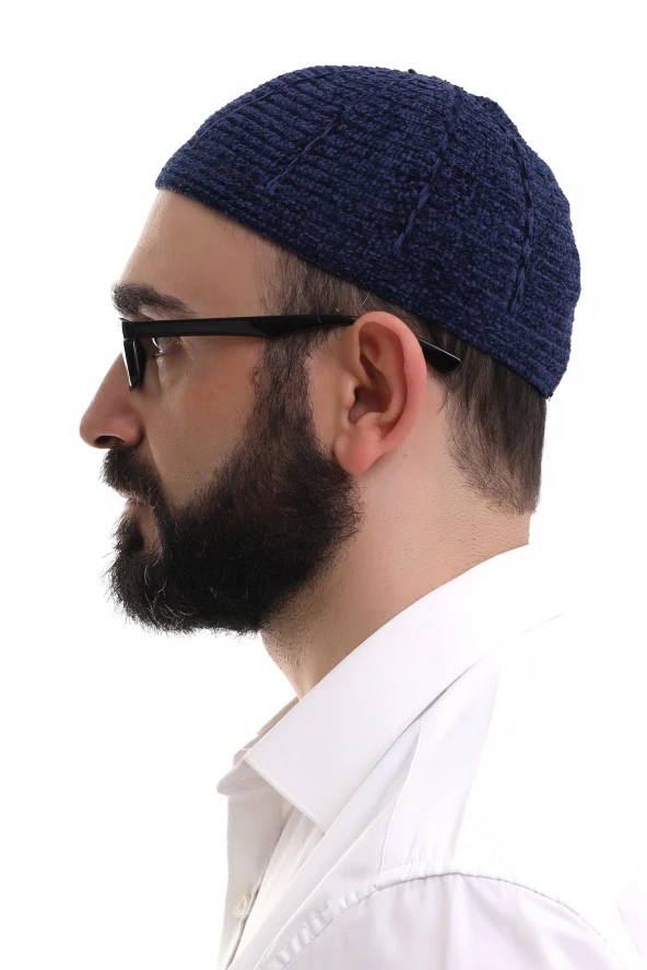 Lacivert Kışlık Sade Desenli Kadife Namaz Takkesi - Resim 3