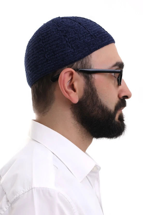 Lacivert Kışlık Sade Desenli Kadife Namaz Takkesi - Resim 4