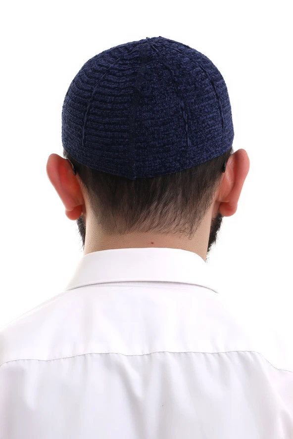 Lacivert Kışlık Sade Desenli Kadife Namaz Takkesi - Resim 6