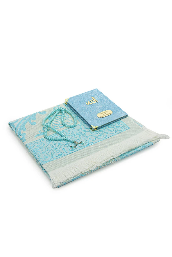 Mavi Mevlüt Hediyelik Kadife Kaplı Yasin Kitabı Tesbih Çeyizlik Seccade Seti - Resim 3