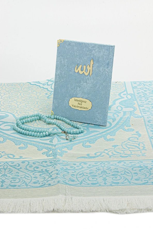 Mavi Mevlüt Hediyelik Kadife Kaplı Yasin Kitabı Tesbih Çeyizlik Seccade Seti - Resim 4