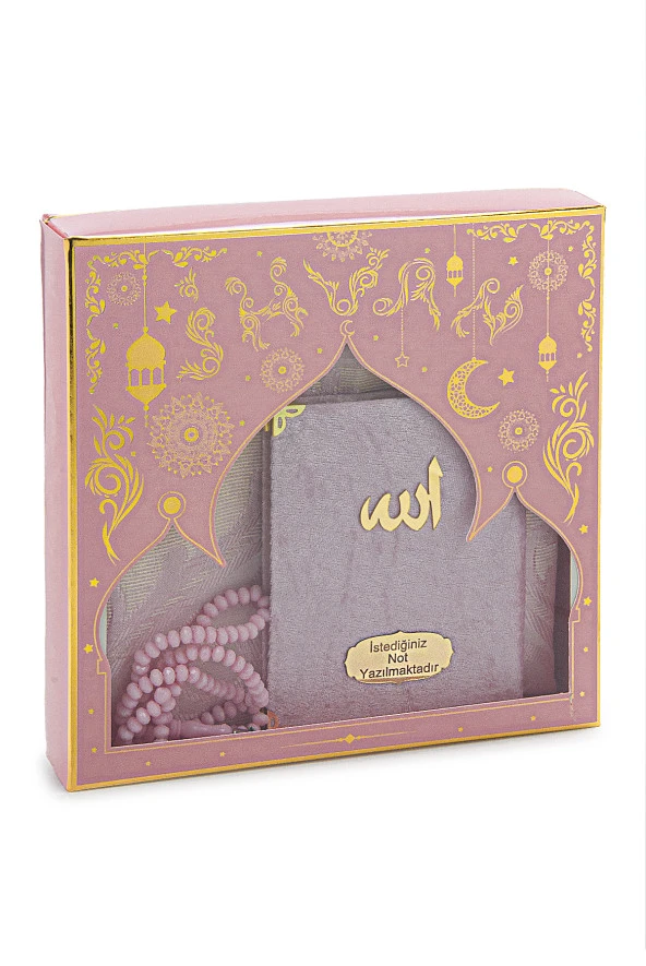 Pembe Mevlüt Hediyelik Kadife Kaplı Yasin Kitabı Tesbih Çeyizlik Seccade Seti - Resim 2