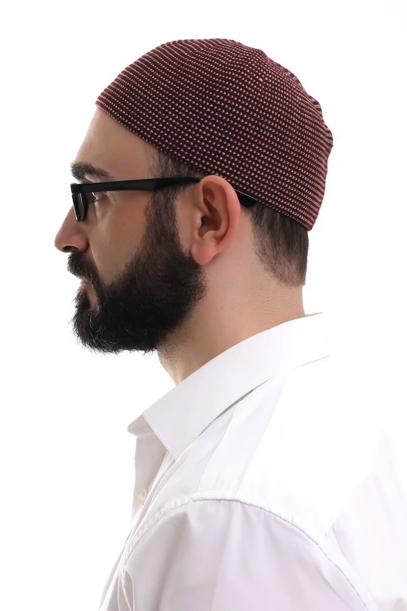 Bordo Kışlık Nokta Desenli Orlon Namaz Takkesi - Resim 3