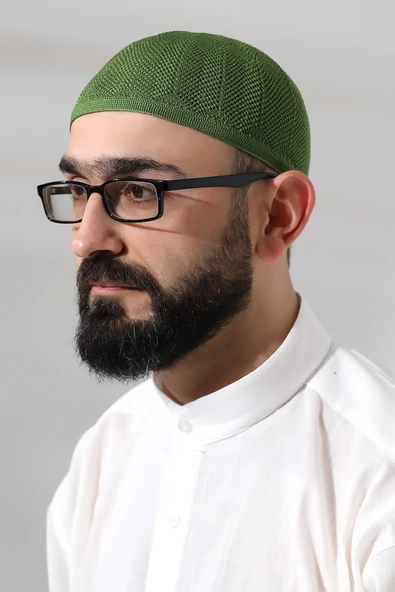 Fıstık Yeşili Safir Dantel Detaylı Örme Namaz Takkesi