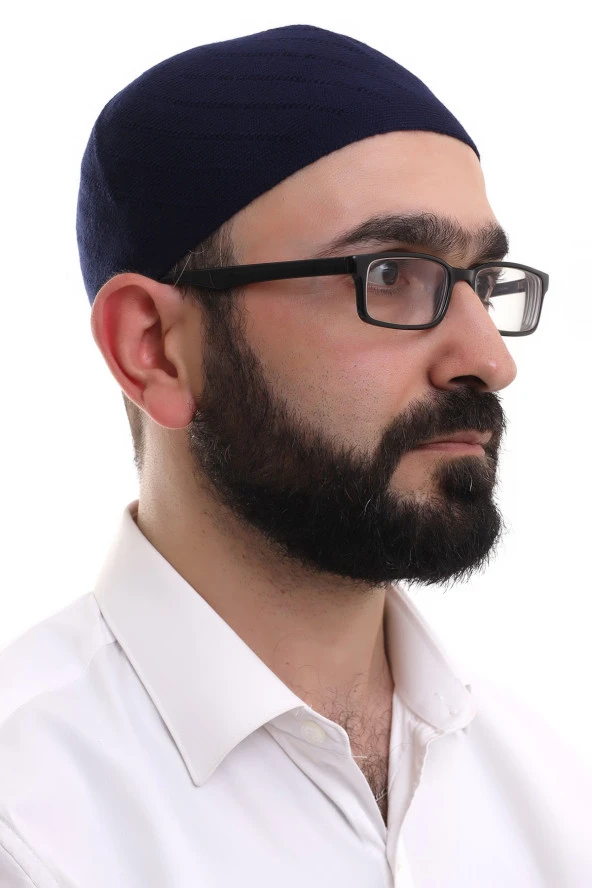 Lacivert Kışlık Çapraz Desenli Dokuma Takke - Resim 2