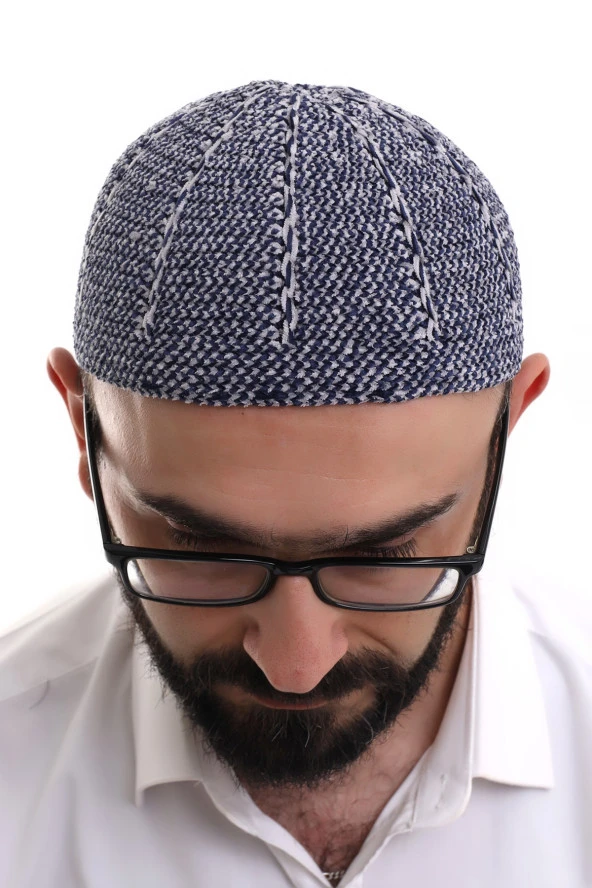 Lacivert Gri Kışlık Çift Renk Kadife Namaz Takkesi - Resim 5