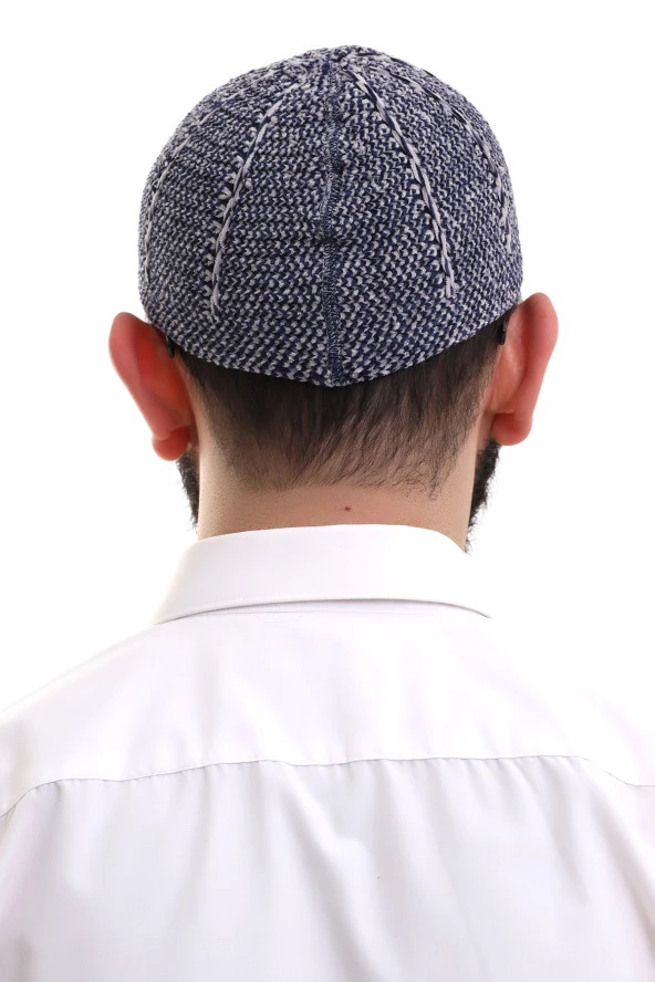 Lacivert Gri Kışlık Çift Renk Kadife Namaz Takkesi - Resim 6