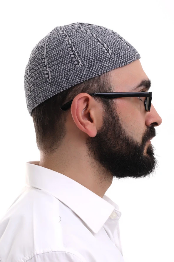 Füme Gri Kışlık Çift Renk Kadife Namaz Takkesi - Resim 4