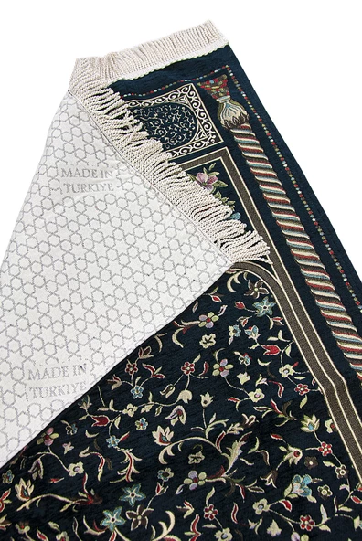 Koyu Lacivert Çiçekli Ravza Desenli Astarlı Şönil Seccade - Resim 2